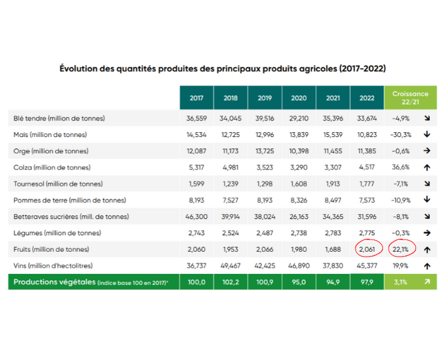 Graphique évolution des quantités produites des principaux produits agricoles (2017-2022)